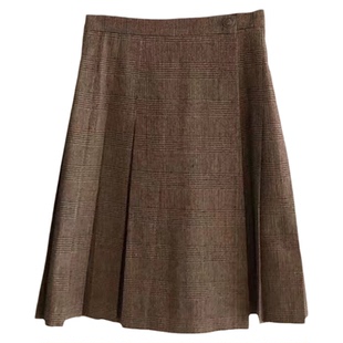 秒发！复古时髦格纹百褶裙25秋冬韩国OUNCE高腰侧系扣A字半身裙女