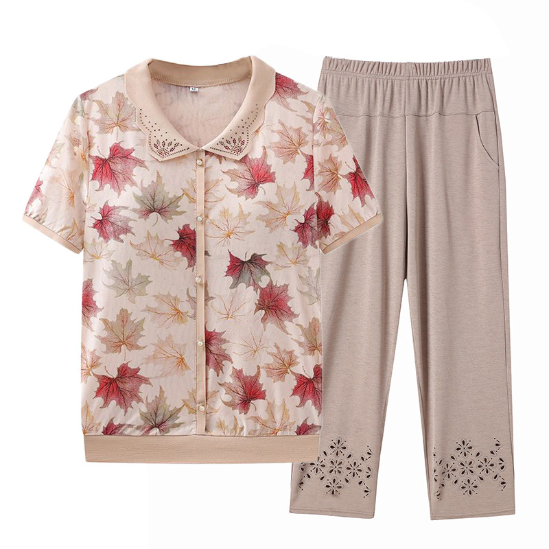 妈妈装夏装短袖T恤套装中老年人衣服女老太太弹力冰丝小衫奶奶装