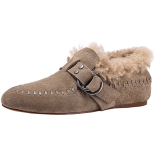 BellaLily2025冬新款百搭懒人一脚蹬毛毛鞋皮带扣单鞋牛皮乐福鞋