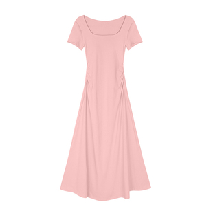 alex stevens短袖连衣裙掐腰裙女夏季弹力u领修身显瘦纯色长裙子