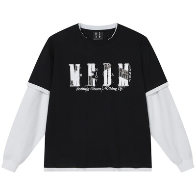 MEDM假两件华夫格嘻哈长袖T恤