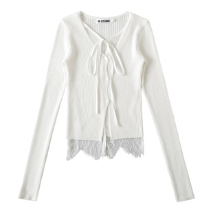 MianCun针织衫女早秋新款穿搭白色外搭上衣蕾丝假两件毛衣外套