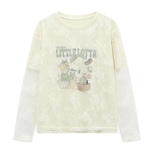 Basic House/百家好蕾丝刺绣拼接假两件T恤夏秋卡通圆领宽松上衣