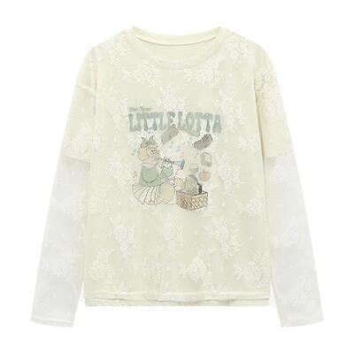 Basic House/百家好蕾丝刺绣拼接假两件T恤夏秋卡通圆领宽松上衣