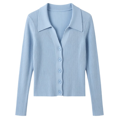 Solid lapel slim V-neck knit cardigan纯色翻领修身V领针织开衫