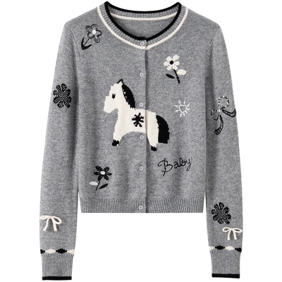 【绵羊毛】BANANA BABY2026年春季新款小马撞色提花复古针织开衫