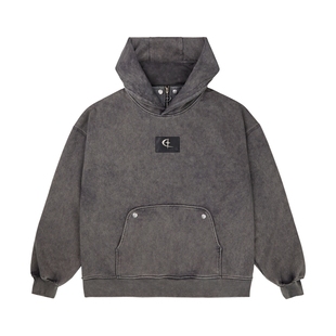 QUARTER IN NIGHT 秋新美式复古logo皮标做旧洗褪连帽情侣卫衣潮