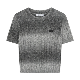 【商场同款】LILY2025新款女装渐变段染圆领正肩修身短袖针织衫