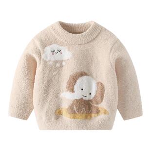 波步婴儿毛衣冬季加绒加厚针织上衣男女宝宝半边绒男童外套衣服