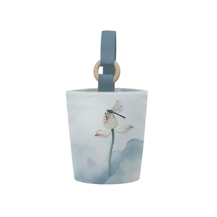 国潮中国风水墨荷花手提水桶帆布袋上班杂物小拎包仿刺绣印花布袋