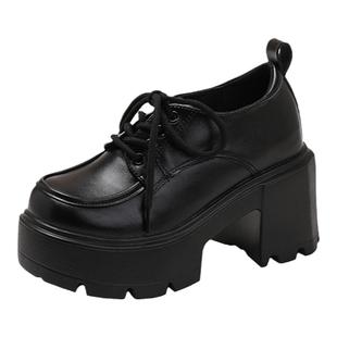 真皮内增高厚底乐福鞋女新款英伦风系带松糕底高跟单鞋百搭小皮鞋