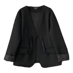 新中式国风黑色西装外套女正肩特大码200斤胖mm春秋V领小西服上衣