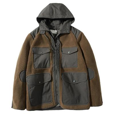 流石男装羊羔绒连帽拼接工装夹克