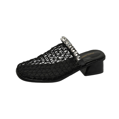 网纱编织镂空包头半拖鞋女夏季外穿2026新款法式粗高跟透气凉拖鞋