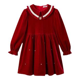 【天鹅绒】PawinPaw卡通小熊童装秋冬新款女童红色新年银丝连衣裙