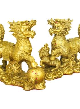 黄铜麒麟摆件公母一对办公室