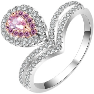 925银镀彩金高碳钻石戒指双层王冠粉色水滴仿真钻戒女ins指环饰品