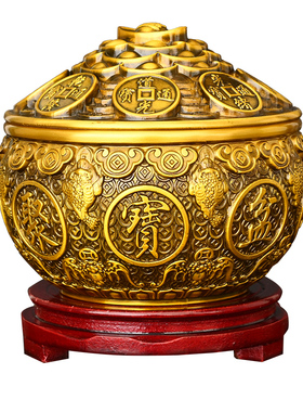 纯黄铜盖聚宝盆摆件家居装饰礼品