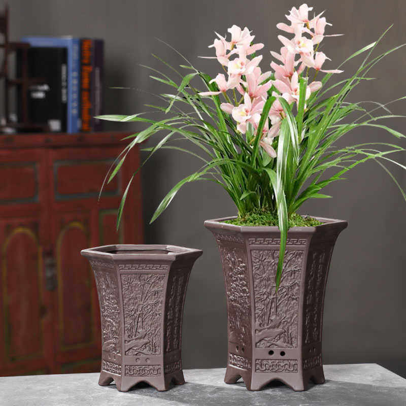 兰花花盆绿植盆景大口径兰花专用盆高盆六角紫砂花盆精品陶瓷花盆