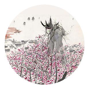 吴冠中水墨画新中式客厅装饰画餐厅抽象挂画玄关圆形江南水乡画芯