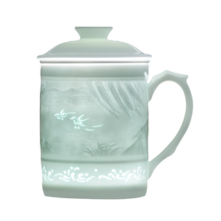 景德镇官方陶瓷影青雕刻办公杯高档水杯马克杯茶漏杯送礼礼盒装
