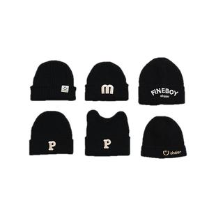 黑色婴儿帽子秋冬款婴幼儿毛线帽男童宝宝针织帽保暖新生儿小月龄