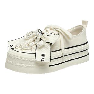 红蜻蜓帆布鞋女款春秋女鞋增高厚底鞋珍珠甜美系带女鞋休闲板鞋女