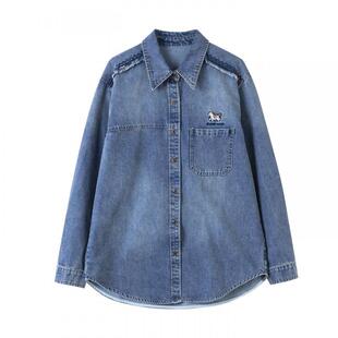 宝诗黎翻领刺绣牛仔衬衫女2026春季韩版简约通勤棉质休闲长袖衬衣