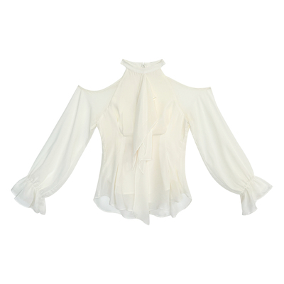 气质露肩长袖收腰雪纺衬衫上衣