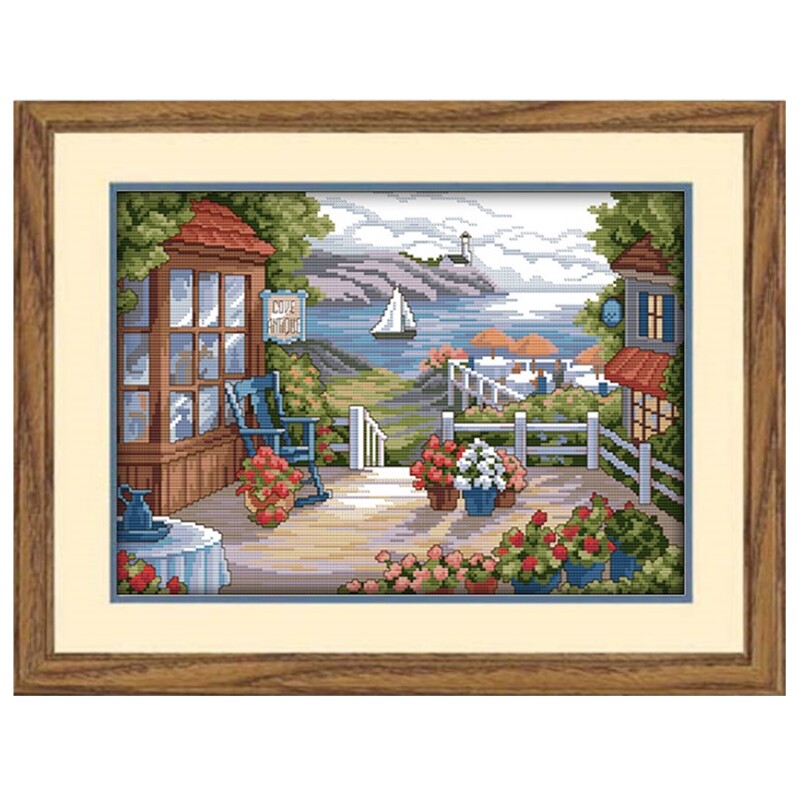 鲜花小屋庭院露台十字绣海边海景