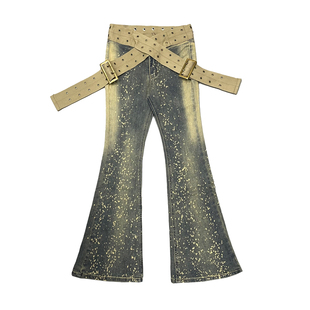 性感交叉腰带微喇裤女2025年冬季新款低腰紧身显瘦提臀喇叭牛仔裤