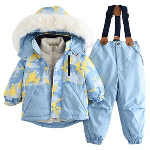 拼色夹棉加厚滑雪服两件套儿童外出服2024冬季防风防水背带裤套装
