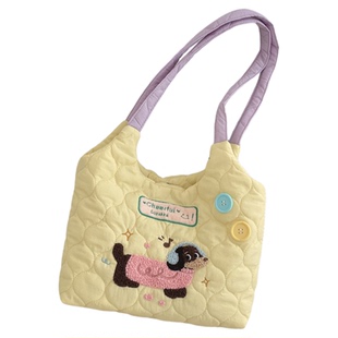 有趣琳 马卡龙色系上课背包卡通刺绣撞色单肩包手提董璇女儿同款