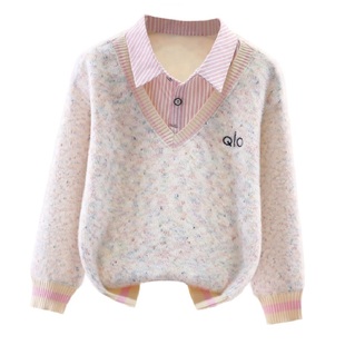 史努比男女童学院风假两件毛衣2025秋冬打底针织衫加绒加厚卫衣