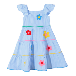 女童连衣裙夏季儿童蓝色裙子肌理感立体绣花公主中大童裙海边度假