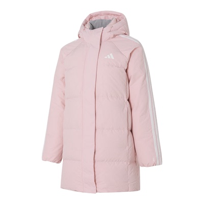 阿迪达斯冬季粉色中长款羽绒服女2026新款厚外套保暖运动服KC2484