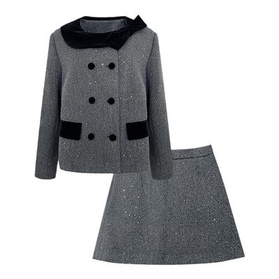 NAZ那子大码冬季韩版小香千金风翻领毛呢外套半裙胖mm洋气套装