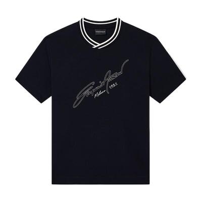 阿玛尼男士圆领短袖撞色刺绣T恤