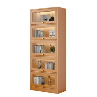 实木书柜带柜门落地书架置物架家用客厅玻璃门书橱储物柜收纳柜子