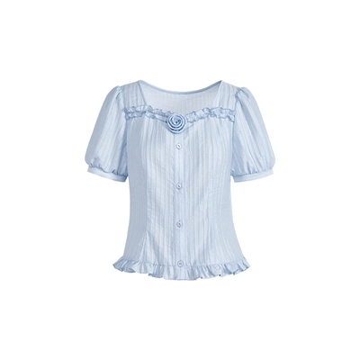 浅蓝色衬衫花苞裙裤两件套装