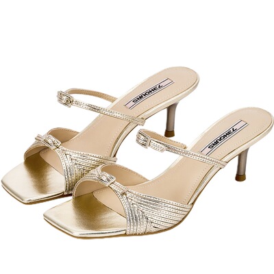 73hours细高跟一字拖法式半拖鞋