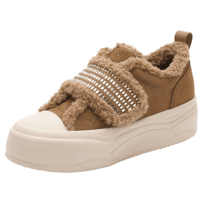 哈森厚底时尚拼接板鞋女2025秋冬新款加绒魔术贴休闲鞋HCA251609