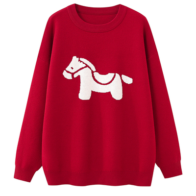 马年过年亲子装红色毛衣一家三口