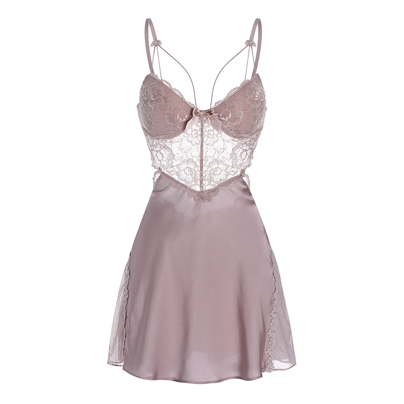 今夕何夕性感睡衣女纯欲风丝绒碎花花边吊带睡裙睡袍两件套家居服