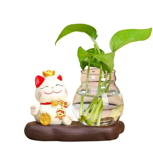 卡通新年招财猫玻璃透明花瓶摆件家居客厅装饰品花器绿萝花插水培