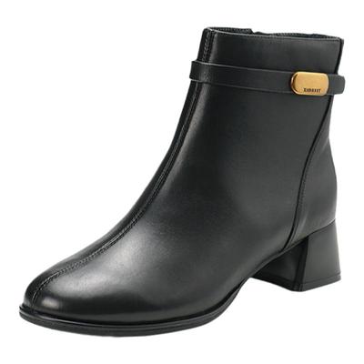 天美意粗跟羊皮时装短靴侧拉链