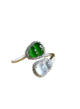 镀s925银镶玉老坑帝王绿天然玉髓玻璃种葫芦戒指高贵轻奢开口指环