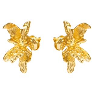 中古感复古肌理鸢尾花耳环女金色花朵耳钉轻奢高级感小众设计耳饰