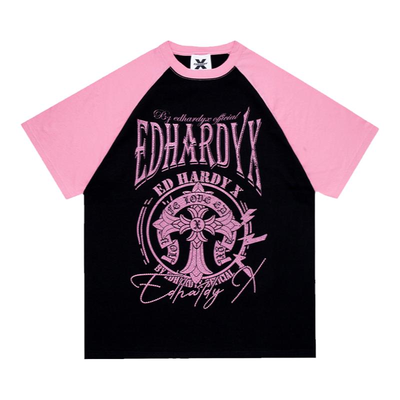 EDHARDY X夏季哥特风印花插肩袖圆领短袖重磅T恤男女同款运动t恤