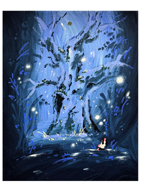 无框画ohjpaint蓝调月夜古树森林秘境萤火水畔卧室客厅装饰画挂画